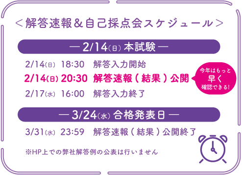 解答速報&自己採点会スケジュール
2/14(日)18:30解答入力開始、20:30解答速報(結果)公開、2/17(水)16:00解答入力修了、3/31(水)23:59解答速報(結果)公開終了