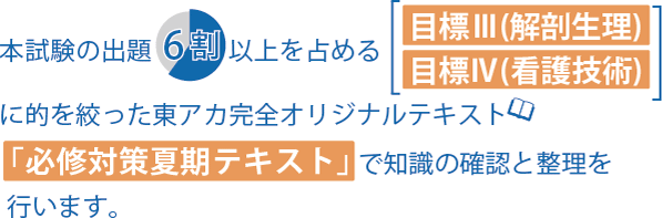 本試験の出題6割以上を占める目標Ⅲ(解剖整理)、目標Ⅳ(看護技術)に的を絞った東アカ完全オリジナルテキスト「必修対策夏期テキスト」で知識の確認と整理を行います。