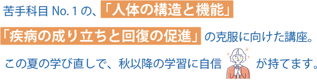 苦手科目No.1の、「人体の構造と機能」「疾病の成り立ちと回復の促進」の克服に向けた講座。この夏の学びなおしで、秋以降の学習に自信が持てます。