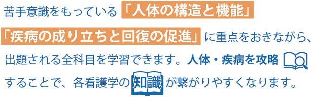 苦手意識を持っている「人体の構造と機能」「疾病の成り立ちと回復の促進」に重点をおきながら、出題される全科目を学習できます。人体・疾病を攻略することで、各看護学の知識が繋がりやすくなります。