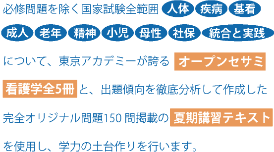 必修問題を除く国家試験全範囲　人体、疾病、基看、成人、老年、精神、小児、母性、社保、統合と実践について、東京アカデミーが誇るオープンセサミ看護学全5冊と、出題傾向を徹底分析した完全オリジナル問題150問掲載の夏期講習テキストを使用し、学力の土台作りを行います。