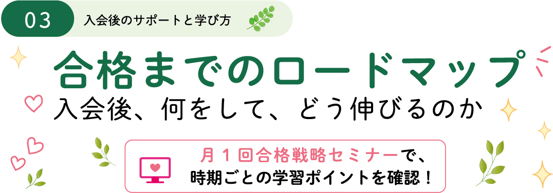 3.入会後のサポートと学び方ー合格までのロードマップ　入会後、何をして、どう伸びるのか。月1回の合格戦略セミナーで、時期ごとの学習ポイントを確認！