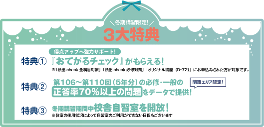 3大特典→特典①「おてがるチェック」がもらえる、特典②第106~110回(5年分)の必修・一般の正答率70%以上の問題をデータで提供、特典③校舎自習室を開放