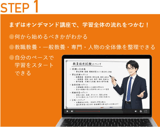 STEP1 まずはオンデマンド講座で、学習全体の流れをつかむ!