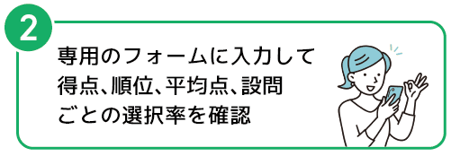 2　専用のフォームに入力して得点、順位、平均点、設問ごとの選択率を確認